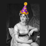 black and white painting of jane Austen wearing silly colorful birthday hate