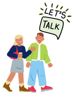 cartoon of two people walking with speech bubble that says Let's Talk!