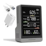 A digital air quality monitor showing CO2, TVOC, and HCHO levels. 