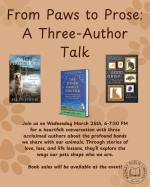 Dog prints all over page with authors books on display