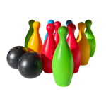Colorful plastic bowling pins and two black balls are arranged on a white background.