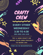 a dark blue background with neon scribbles as a border, and neon lettering describes crafty crew pro