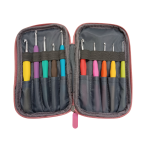 10 crochet hooks with colorful handles in a gray case