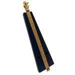 A dulcimer with a triangular blue body and heart-shaped sound holes.