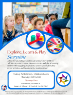 A group of preschool children sit looking at a book at the top of the flyer. Paints, crayons, and pl