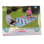 A large checkers set neatly packed in a box, showcasing its vibrant pieces and classic board design.