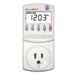 A Kill A Watt electrical usage monitor displays voltage reading in volts. It has buttons for various