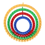 Yellow, green, red, blue knitting hoops nested together on white background.