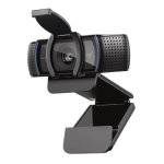 A black Logitech webcam with a privacy cover open, mounted on an adjustable stand.