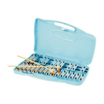 Open blue case xylophone with 25 keys and two yellow drum sticks