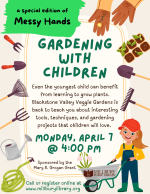 Garden tools and a child with a wheelbarrow: "Gardening with Children, a special edition of Messy ha
