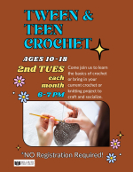 Copper background with photo close-up of hands knitting. Pink daisies and yellow stars.