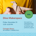 A kid's hands holding a brown dinosaur made of folded paper. Eyes and a smiling mouth are drawn on t