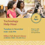 Three people look at a desktop computer in a library.