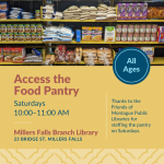 Yellow library shelves full of dry food goods.