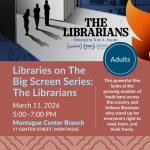 Three figures standing in the opening of a huge book. A flame on one side.