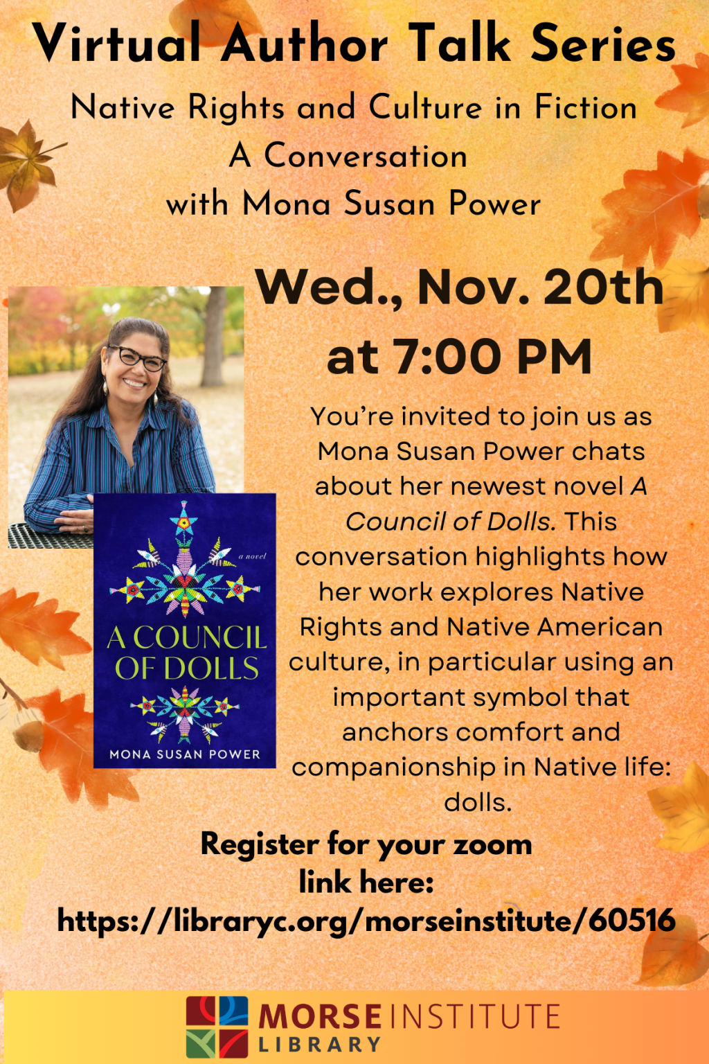 11/20/2024 | Virtual Author Talk: Native Rights and Culture in Fiction with  Mona Susan Power | Natick Libraries