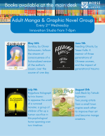 flyer with 4 books, May 14th Sunday by Oliver Schrauwen, June 11th Feeding Ghosts by Tessa Hulls, Ju