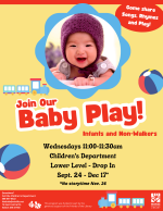 A yellow flyer with a smiling baby in the middle. There are primary color accents. 
