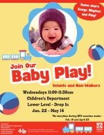 A yellow, red, and blue flyer with a smiling baby in a knit hat at the center. There are toy balls a