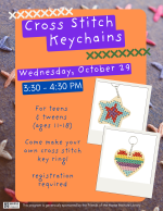 Flyer for make your own cross stitch keychain program for teens and tweens