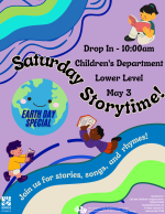 A purple flyer with blue stripes and children reading.