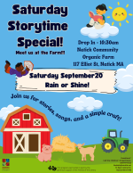 A blue flyer with cartoon farm animals and a barn at the bottom.
