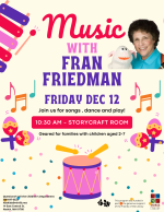 A flyer with colorful musical instruments and polka dots on it. There is a smiling woman holding a p