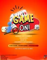 An orange flyer with colorful game pieces in the center.