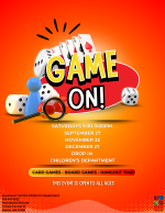 A bright orange flyer with game pieces in the center.