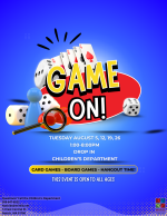 A blue flyer with colorful game pieces in the center.
