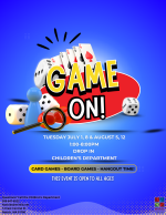 A blue flyer with different game pieces in the center.