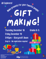 A dark blue flyer with a colorful pile of presents and craft supplies at the bottom.