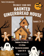 A brown flyer with a Halloween themed gingerbread house in the center.
