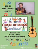 A green flyer with a smiling older man in the right corner. There are colorful music notes and an ac