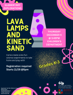 A dark blue flyer with pink, purple, and yellow accents, including a cartoon lava lamp.