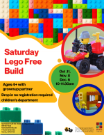 A colorful flyer with LEGOs at the top. There is a mini figure on a LEGO four wheeler.