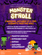 A dark purple flyer with cartoon monsters at the bottom and bats at the top.
