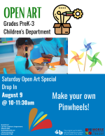 A blue and white flyer with pinwheels on the right side.
