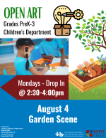 A blue and white flyer with a flower garden bed and squirrel.