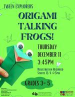 A green flyer with a large origami frog puppet on the left side.