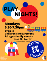 An orange flyer with blue, red, and white dots. Toy blocks and trains are in the corners.