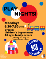 An orange flyer with red, blue, and turquoise polka dots. There are cartoon blocks and a train toy.
