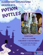 A purple flyer with a castle at the bottom and potion bottles on the right.