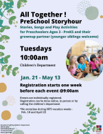 A blue flyer with plants along the left side and in the corners. Preschool aged kids are sitting and