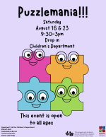 A purple flyer with colorful puzzle pieces in the center. They have eyes and smiling mouths.
