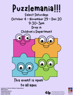 A purple flyer with colorful, smiling puzzle pieces in the center.