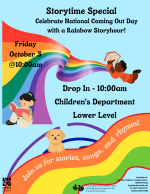 A blue flyer with two rainbow squiggles on it. There are cartoon children reading.