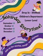 A purple flyer with teal and yellow stripes and children reading.