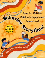 A yellow flyer with orange and blue accents. Three children are reading.